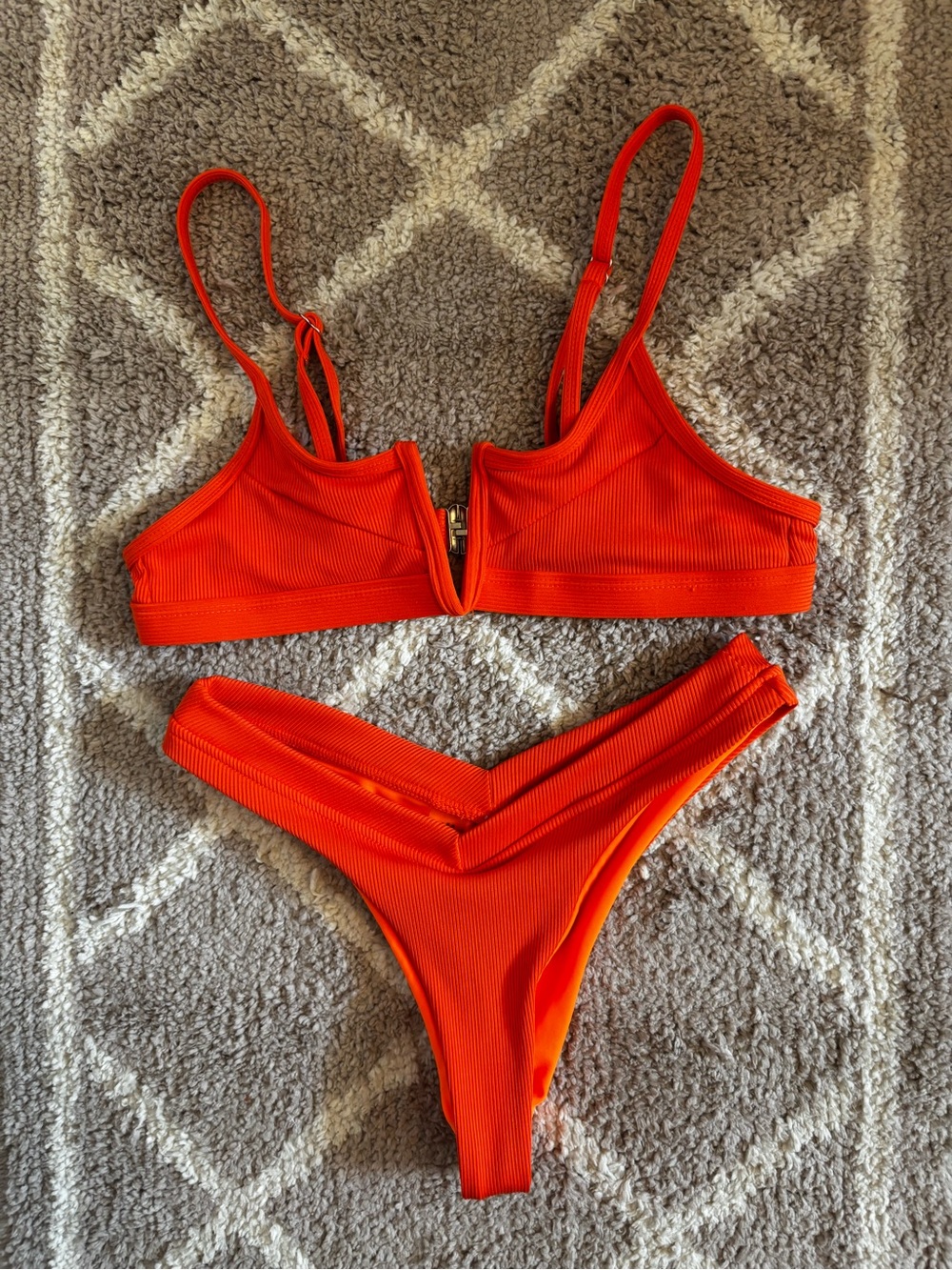 Orange Ribbed V-Waist Bikini Set - Women's Swimwear